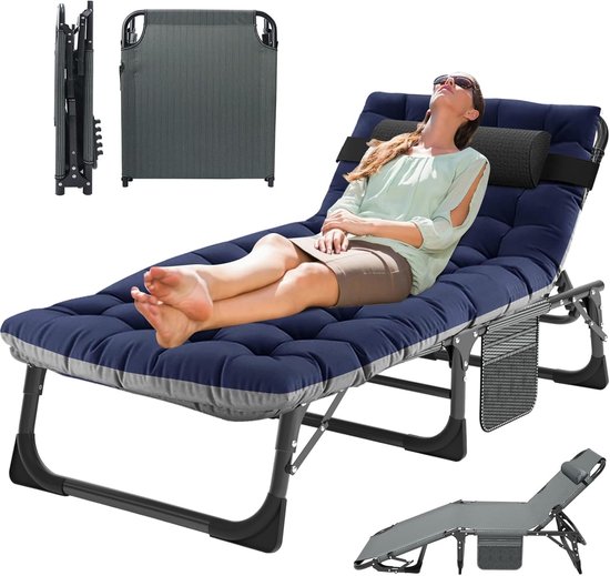Chaise longue pliante avec rembourrage et appui-tête – Confortable pour le Jardin, le camping et les séjours d'une nuit