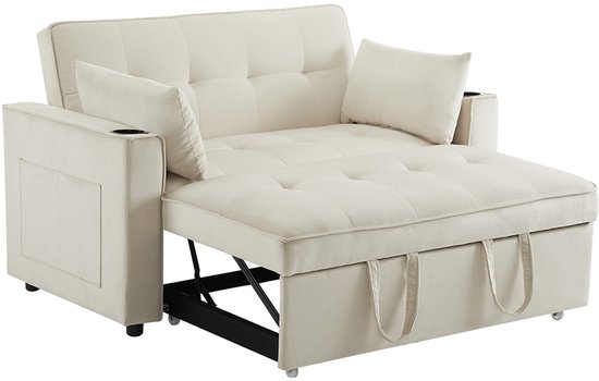 Canapé Lit 2 Places Convertible – Velours, Dimensions 137x76.5x83 Cm, Dossier Réglable 3 Positions, Avec Porte-gobelets Et Coussins - 3