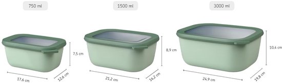 Drie lichtgroene Mepal Cirqula bakjes met afmetingen en volumes.