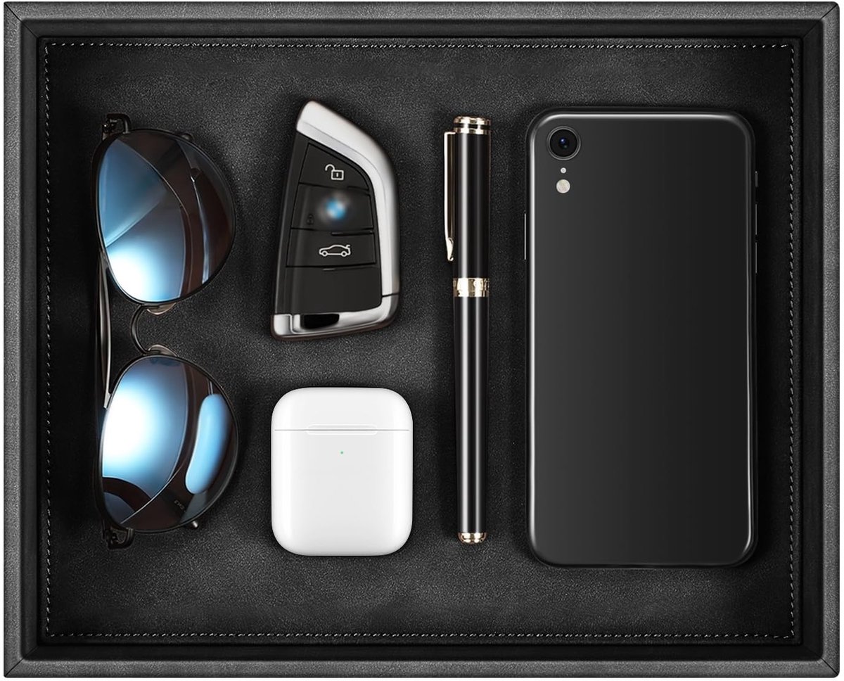 SITHON Pocket Lege, Kunstleren Opberglade, Opbergdoos, Klassieke Opberglade, Valet Tray voor Mobiele Telefoon, Sieraden, Sleutels, Portemonnee, Horloges, Brillen, Kantoorartikelen (Zwart)