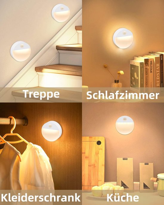 Nachtlampen - Trapverlichting - Kastlamp - Sensorlicht - Kastverlichting - Wandlamp Binnen - Warm Licht - Led Rond Nachtlampje Bewegingssensor - Nachtlampje Met Bewegingssensor - Draadloos Op Batterij - Voor Volwassenen En Kinderen - Set Van 3 van Merkloos — afbeelding 4