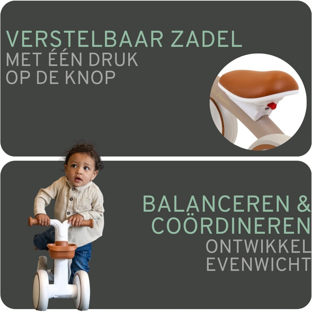 Bandits & Angels Loopfiets First Rider Sand vanaf 1 Jaar voor Jongens en Meisjes - Metaal - Beige Loop Fiets - Compact en Veilig voor Binnen en Buiten — afbeelding 6