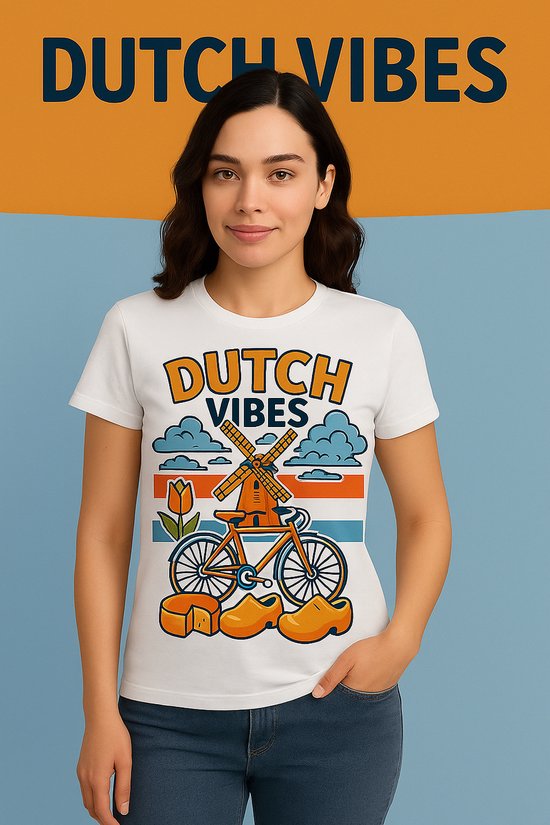 T-shirt pour femme - taille L - Dutch Vibes - avec imprimé : vélo - fromage Gouda - sabots - moulin à vent - tulipes - drapeau néerlandais - qualité premium - Matière : 100% coton biologique - édition limitée - le cadeau parfait