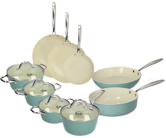 Cook & Pan - Go Blue Ensemble de 9 poêles - Casseroles et poêles à induction - Revêtement antiadhésif en céramique sans PFAS - Garantie 7 ans - Blauw