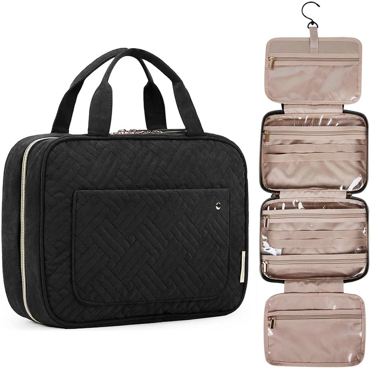Geweo Toilettas met Haak - Dames en Heren - Make Up Tasje - Beautycase Dames - Toiletzak - Travel Organizer Mannen & Vrouwen, Meisje en Kind - Zwart