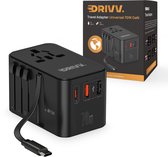 Zwarte 70W GaN universele wereldstekker met twee USB-C en twee USB-A poorten, inclusief USB-C kabel.