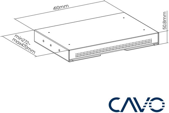 Technische tekening van een zwarte stalen lade met afmetingen 410mm x 50.8mm en een uitschuifbereik van min272mm-max470mm.