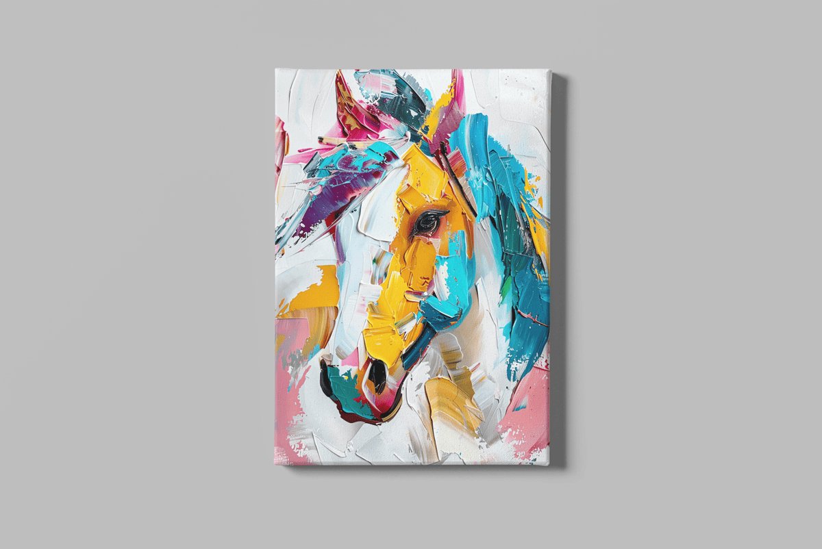 Trendex Global Canvas Schilderij – Kleurrijk Paardenportret – Dierenkunst – Wanddecoratie voor Woonkamer of Slaapkamer – 90x60 cm