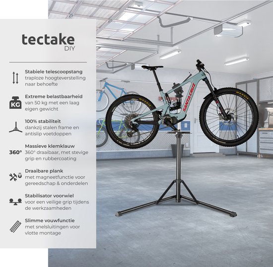 tectake® Fiets Montagestandaard - Fietsenstandaard - Fietslift - E-Bike & Fiets Reparatiestandaard - Geschikt voor alle soorten Fietsframes - Traploos Verstelbaar (106 - 169 cm) en 360° draaibaar - met Magnetische Gereedschapsbak van Tectake — afbeelding 5