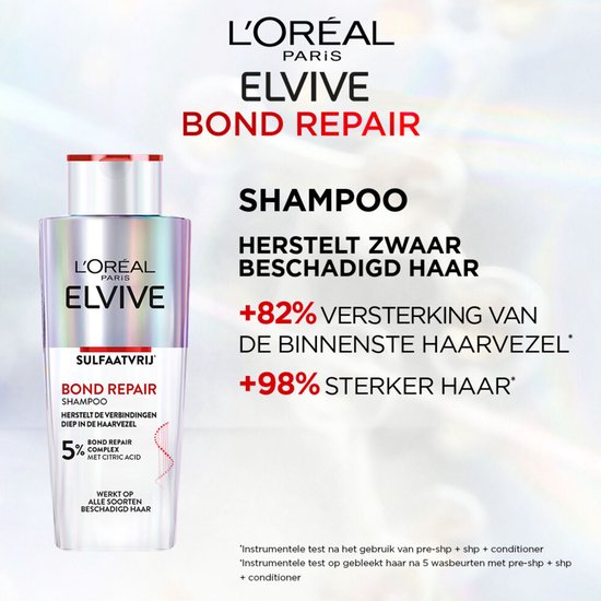 L'Oréal Elvive Bond Repair shampoo fles met holografische verpakking, met tekst over haarversterking.