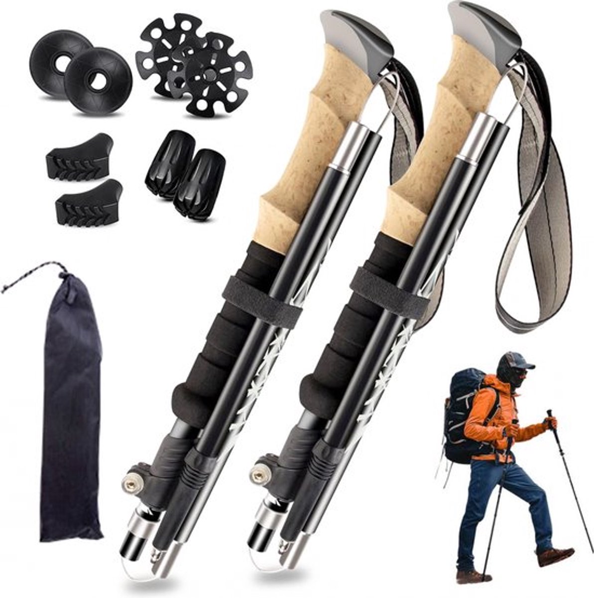 Nordic Walking Stokken - Trekkingstokken - Wandelstokken - Verstelbaar - Pro Nordic Walking - met tas/toebehoren - Hiking - Anti-Schock Functie - Ultralichte - Lichtgewicht & Compact - Opvouwbare - ergonomisch comfort handvat - premium kwaliteit