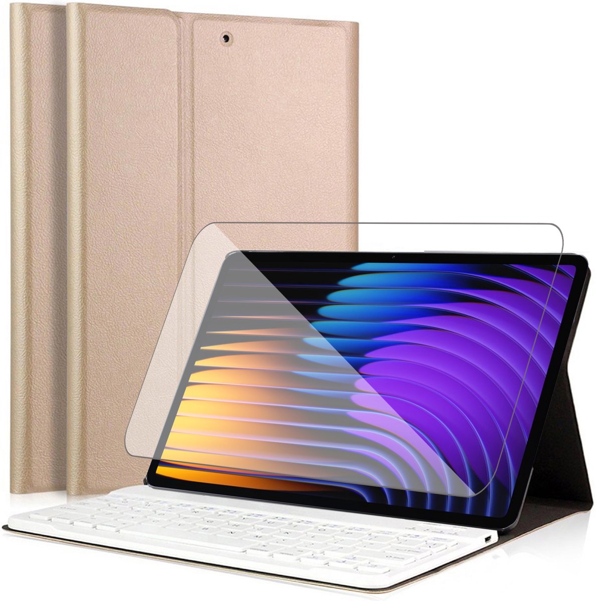 Hoes met toetsenbord geschikt voor Xiaomi Mi Pad 7 / 7 Pro (11.2 inch - 2025 - 7e Generatie) - Screen Protector GlassGuard - Keyboard Book Case Cover Hoesje Goud & Screenprotector