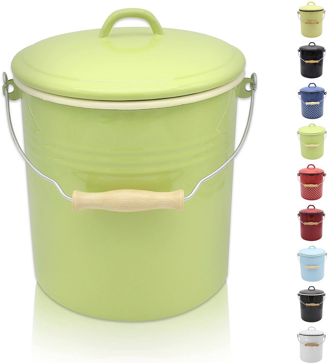 Duurzame Vuilnisemmer met Deksel - Stalen Afvalemmer met Emaille Coating en Houten Handvat (10 Liter)
