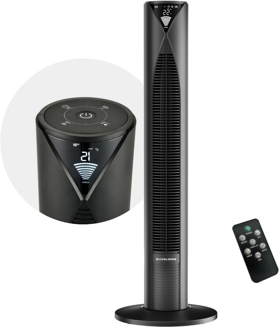 CoolHome CF2205 - Stille torenventilator met afstandsbediening - Waaier met timer - Ventilator staand - Tower fan met dimbaar LED scherm - 96 cm - Zwart