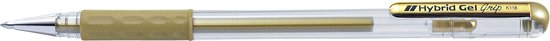 Gouden gelpen met transparante houder en gouden grip. "Hybrid Gel Grip K118" staat op de clip.