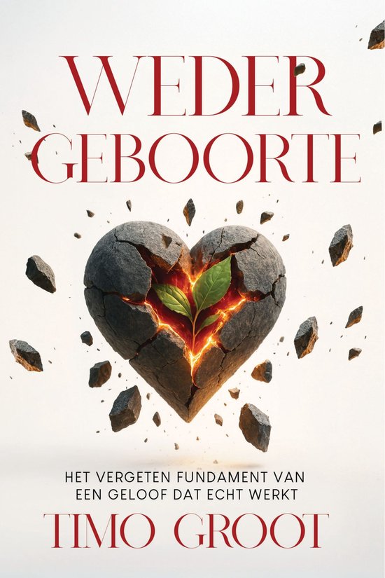 Boek "Wedergeboorte" door Timo Groot. Hartvormig gesteente barst open met een groene plant erin. Rode tekst met titel en ondertitel: "Wedergeboorte, Het vergeten fundament van een geloof dat echt werkt".