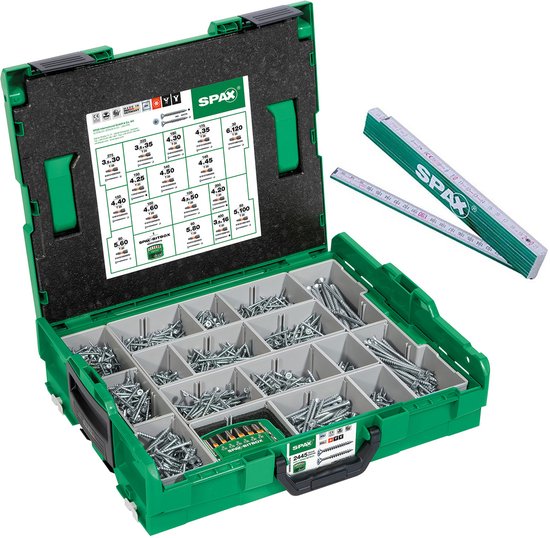 Coffret de montage SPAX, L-BOXX, grand, WIROX A9J, T-STAR plus, tête fraisée, 16 dimensions, 2446 pièces, avec SPAX BITcheck et mètre pliant SPAX - 5000009160059