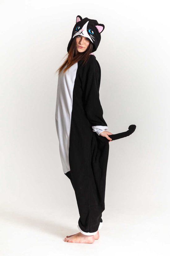 KIMU Onesie Zwarte Kat Pak - Maat XS-S - Poezenpak Kostuum Zwart 152 158 - Dierenpak Poes Pyjama Huispak Jumpsuit Dames Heren Volwassenen Sinterklaas Kado