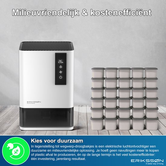 Witte Erikssøn luchtonvochtiger naast een stapel van 30 kleine opbergbakjes. "Kies voor duurzaam".