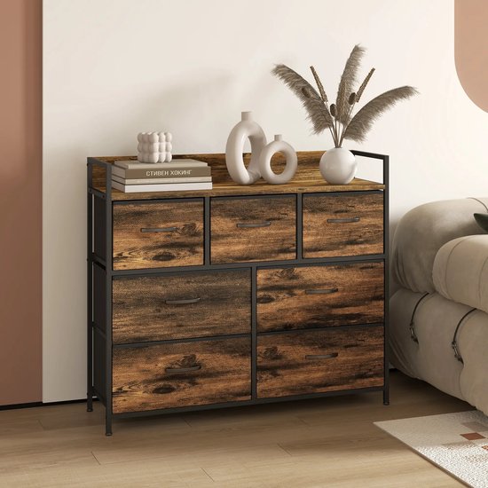 Commode Pugsdrly avec 7 tiroirs en tissu, design industriel, structure en acier, 98 x 29 x 85 cm, marron/noir