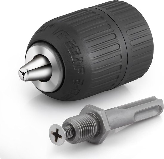 Zwarte boorkop met metalen punt en SDS-adapter met schroef.