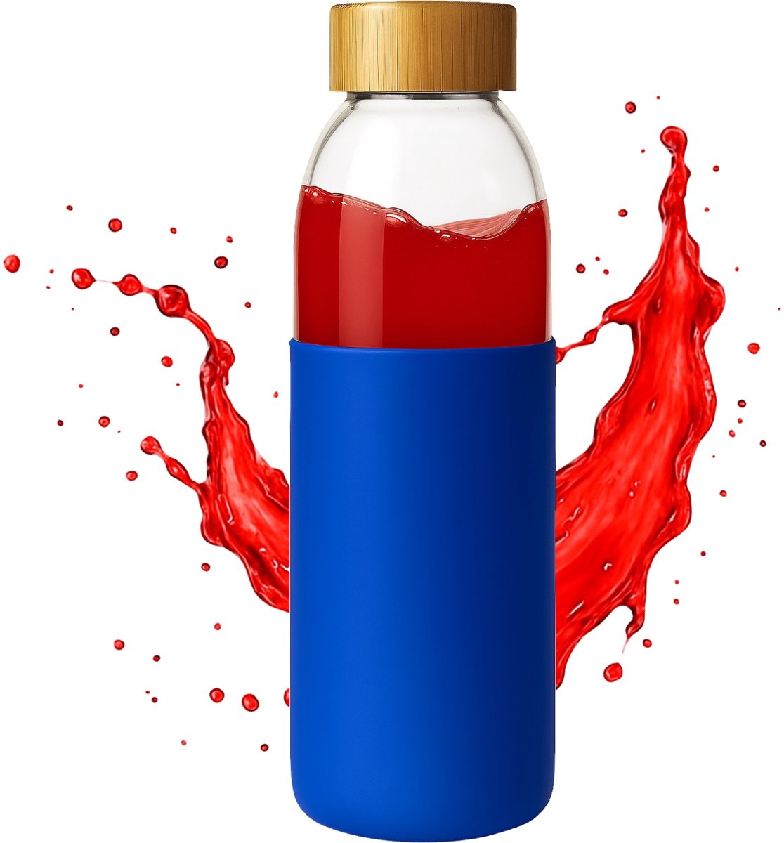 Glazen drinkfles - Waterfles met bamboe dop - Stijlvolle glazen fles met siliconen omhulsel - Drinkbus - Drink fles volwassenen - 500ml - BPA vrij - Transparant / Donker Blauw