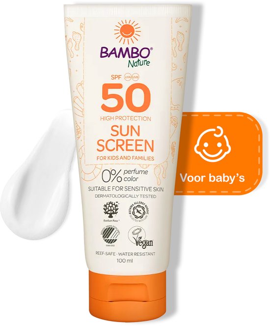 Tube de crème solaire Bambo Nature SPF 50 pour bébés, avec une goutte de crème et un visage d'enfant.