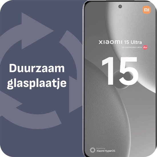 Xiaomi 15 Ultra telefoon met glasbescherming, met tekst 'Duurzaam glasplaatje'.