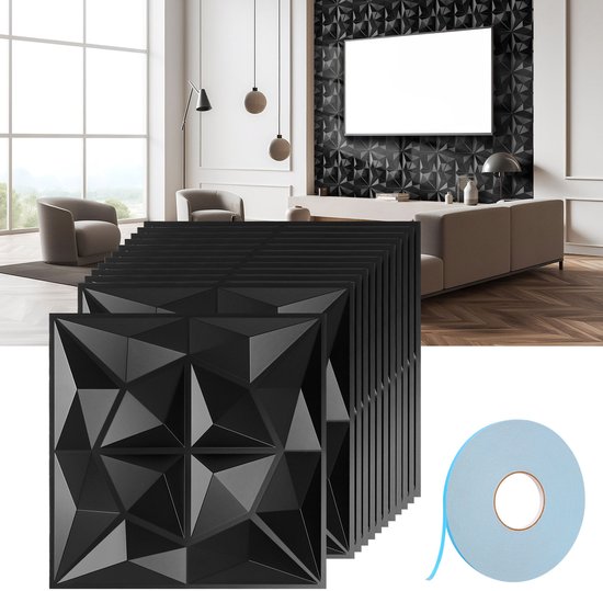 Grace Baltic 30 stuks 3D-wandpanelen, zeer stijf pvc, 30 x 30 cm, waterbestendig, hittebestendig, geurloos, mat zwart