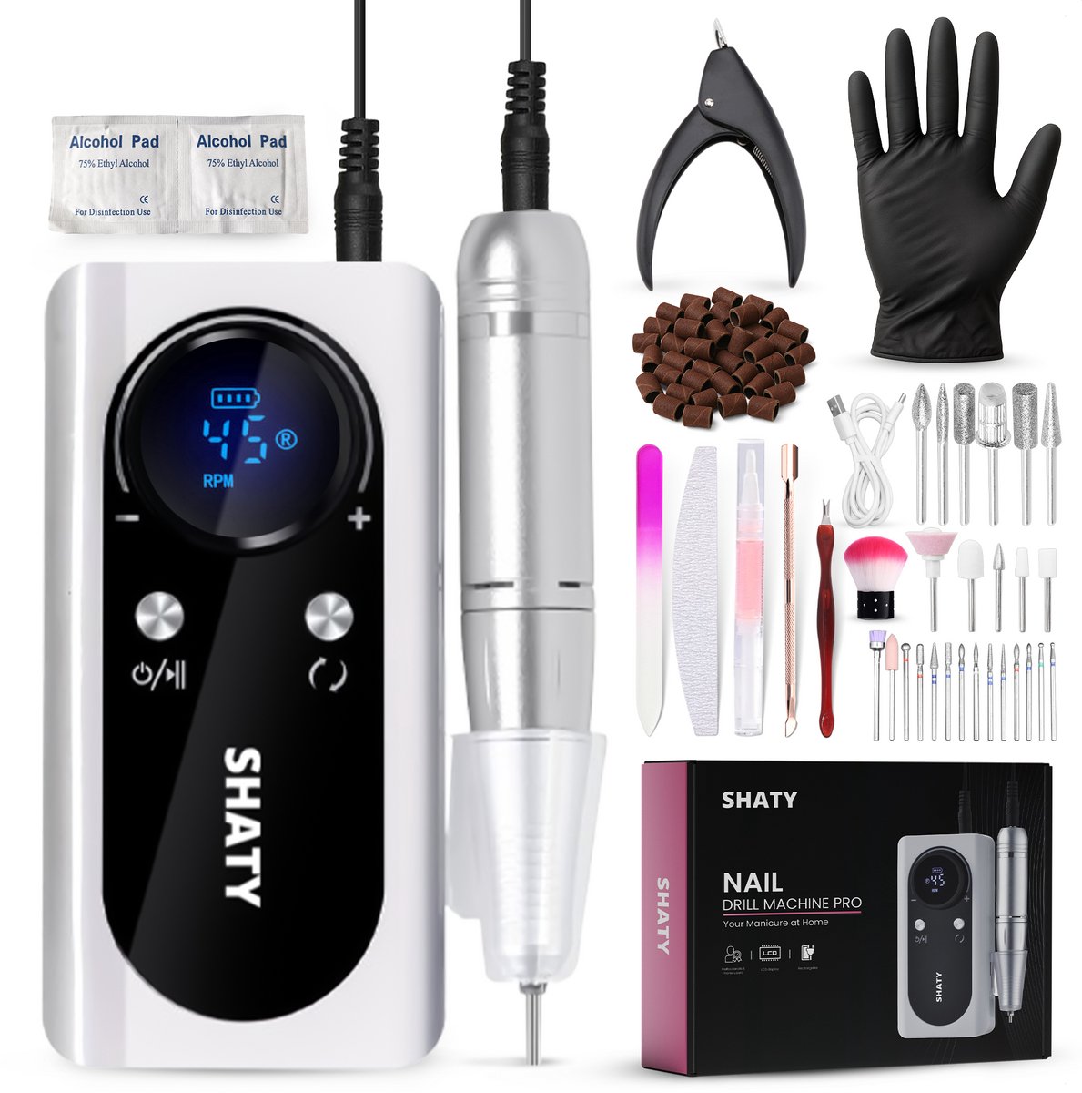 SHATY® Professionele Draadloze Nagelfrees Set – 45.000 RPM Elektrische Nagelvijl – Inclusief 75 Schuurrolletjes, 25 Bitjes & 9 Accessoires – Voor Manicure & Pedicure