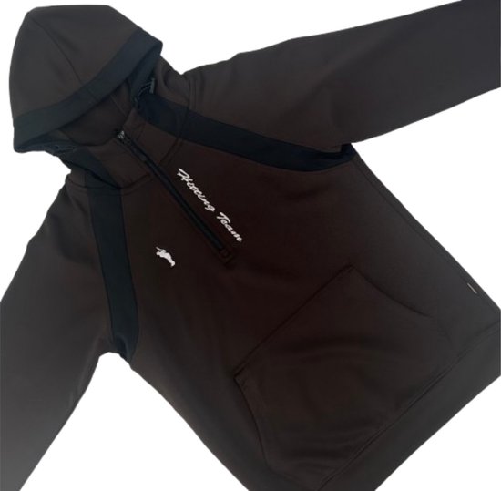 Bruine hoodie met zwarte panelen, rits tot halverwege, kangoeroezak, opdruk 'Hitting Team'.