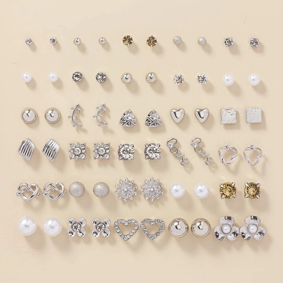 Set de 30 paires de boucles d'oreilles argentées pour femme : boucles d'oreilles à tige avec Hartjes, étoiles, perles, zircones et motifs géométriques.