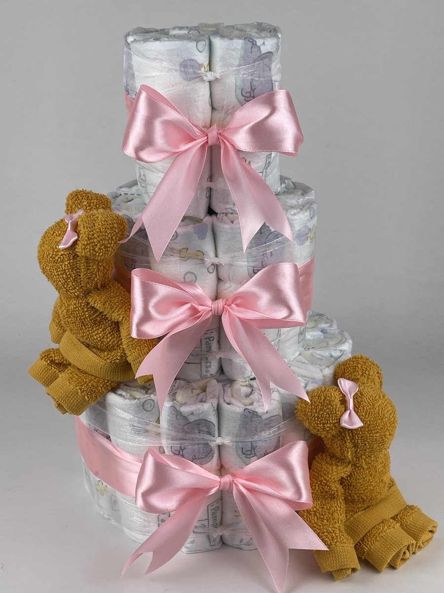 Chouette-Chouette | Luiertaart Meisje | Kraamcadeau | Geboorte Meisje | Babyshower | Beren Oker - Roze