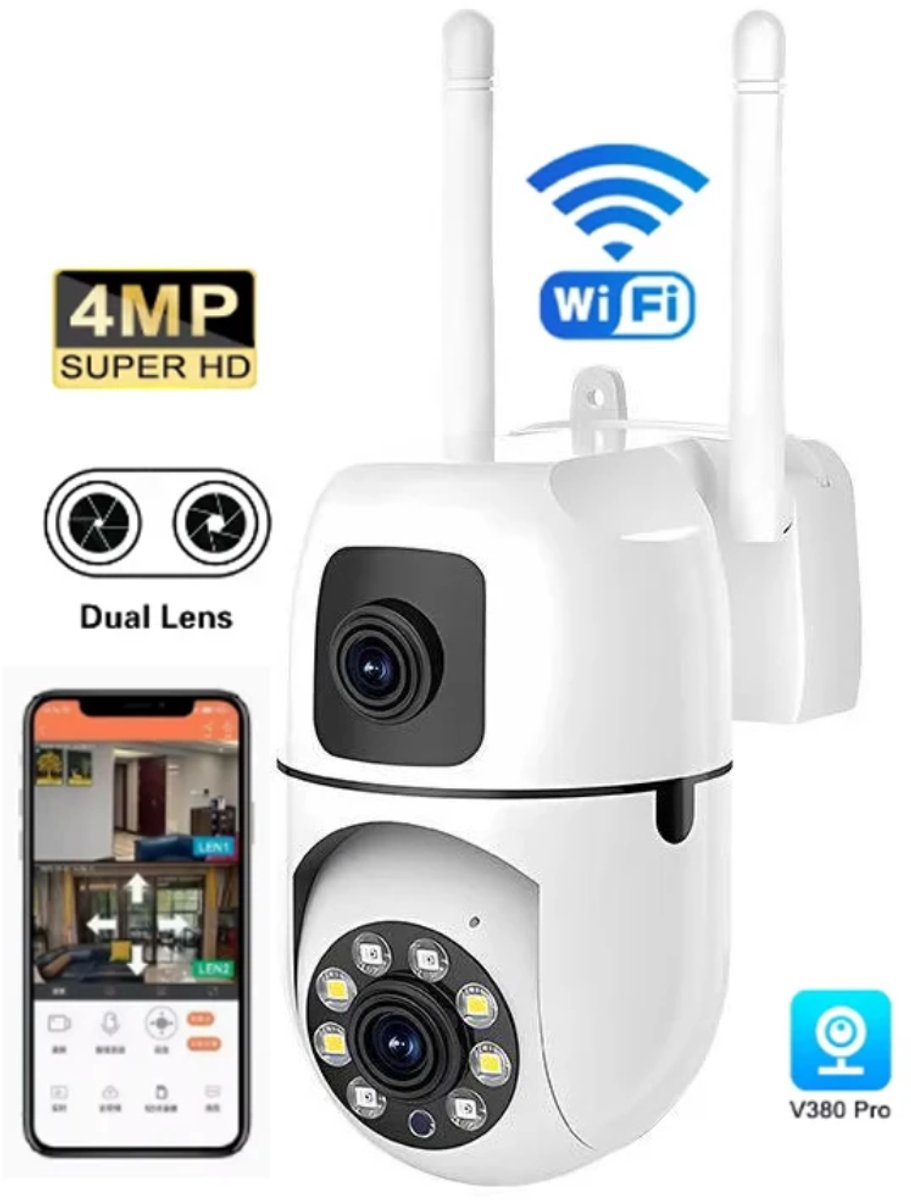 Beveiligingscamera Voor Buiten en Binnen - 360° Draaibare Camera met Nachtzicht - 4MP Dubbele Lens - Bewegingsdetectie & Alarm - WiFi - Tweerichtingsaudio - Camerabewaking