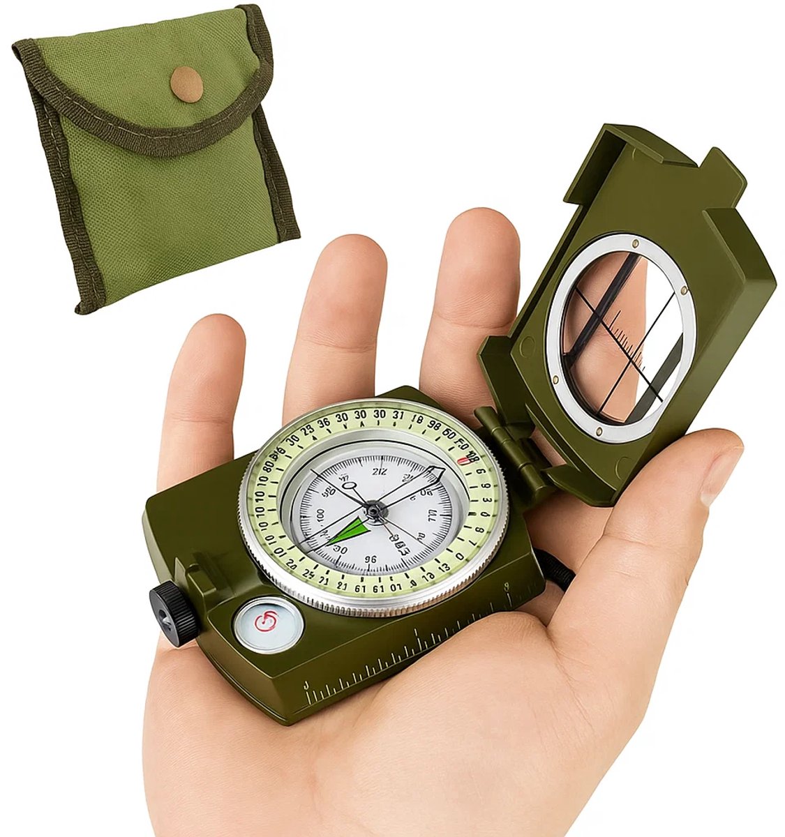 Militaire Kompas I Glow In The Dark Wijzerplaat I Schokbestendig I Peil Kompas | Waterdicht Incl. Opbergzakje
