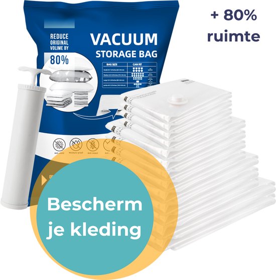 Vacuumzakken Kleding & Dekbedden - Vacumeerzakken - 13 stuks / 4 maten - Incl. Handpomp & Sluitclip - Herbruikbaar - Reiszakken voor koffer - Vacuum Opbergzakken - Compressiezakken - Vacuum Bags