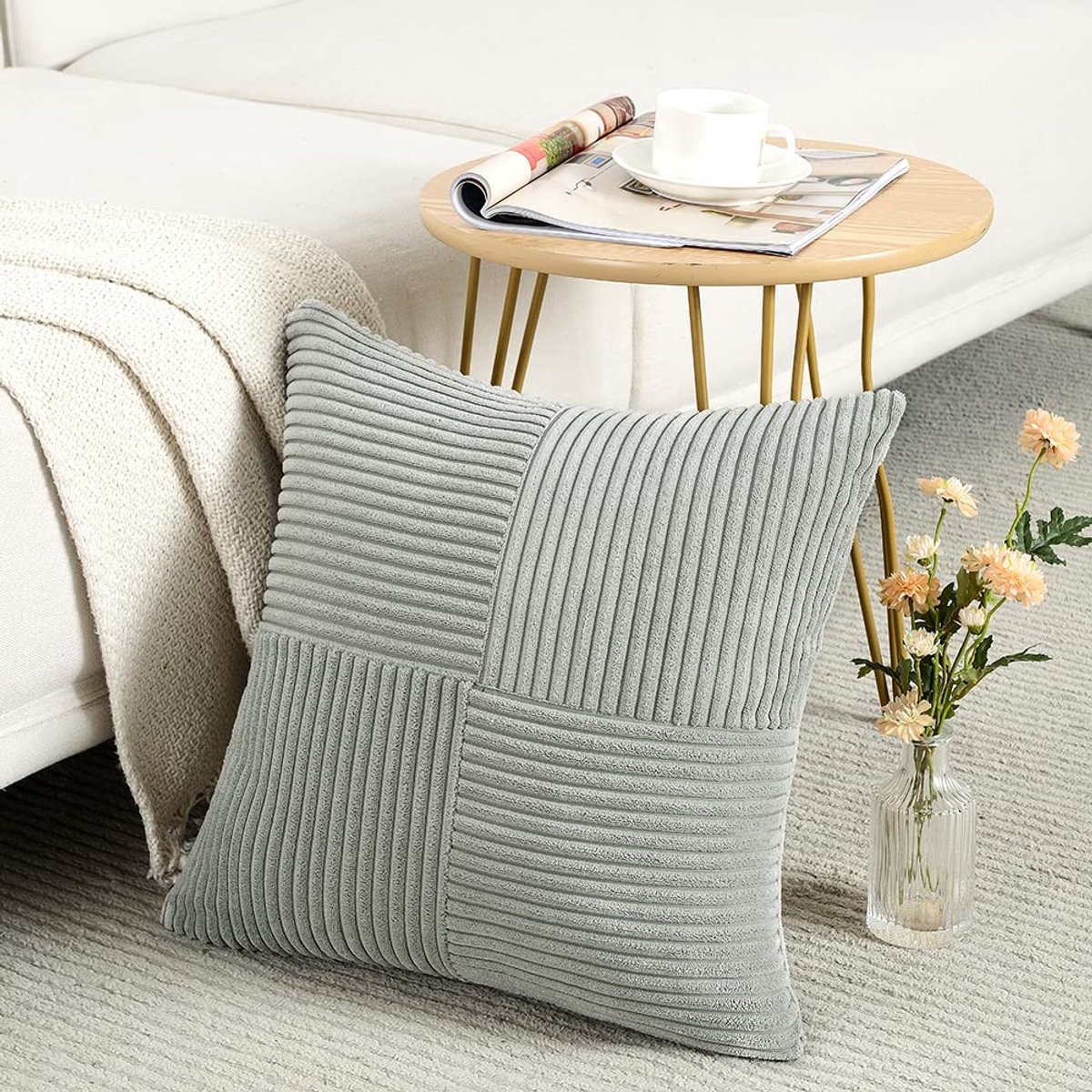 Ibenzoa Kussensloop in Zacht Corduroy, Lichtgrijs, Decoratieve Sierkussenhoes voor Diverse Interieurstijlen, 55 x 55 cm
