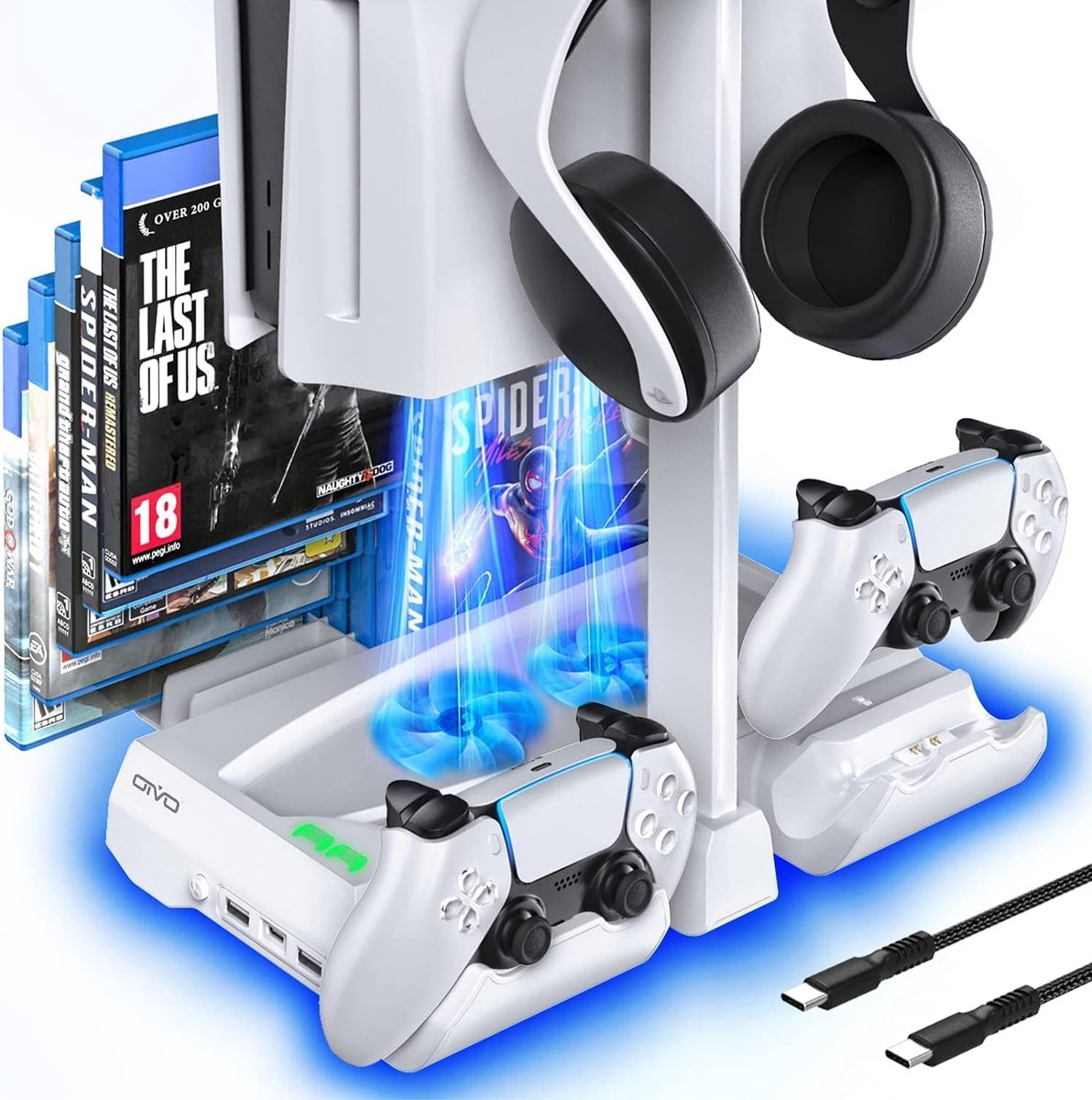 PS5 Verticale Koelstandaard met Dubbel Controller Laadstation – 2 Stilte Ventilatoren – Headsethouder – Gamehouder voor 12 Discs – Geschikt voor Playstation 5 - PS5 Disc & Digital – Accessoire Organizer