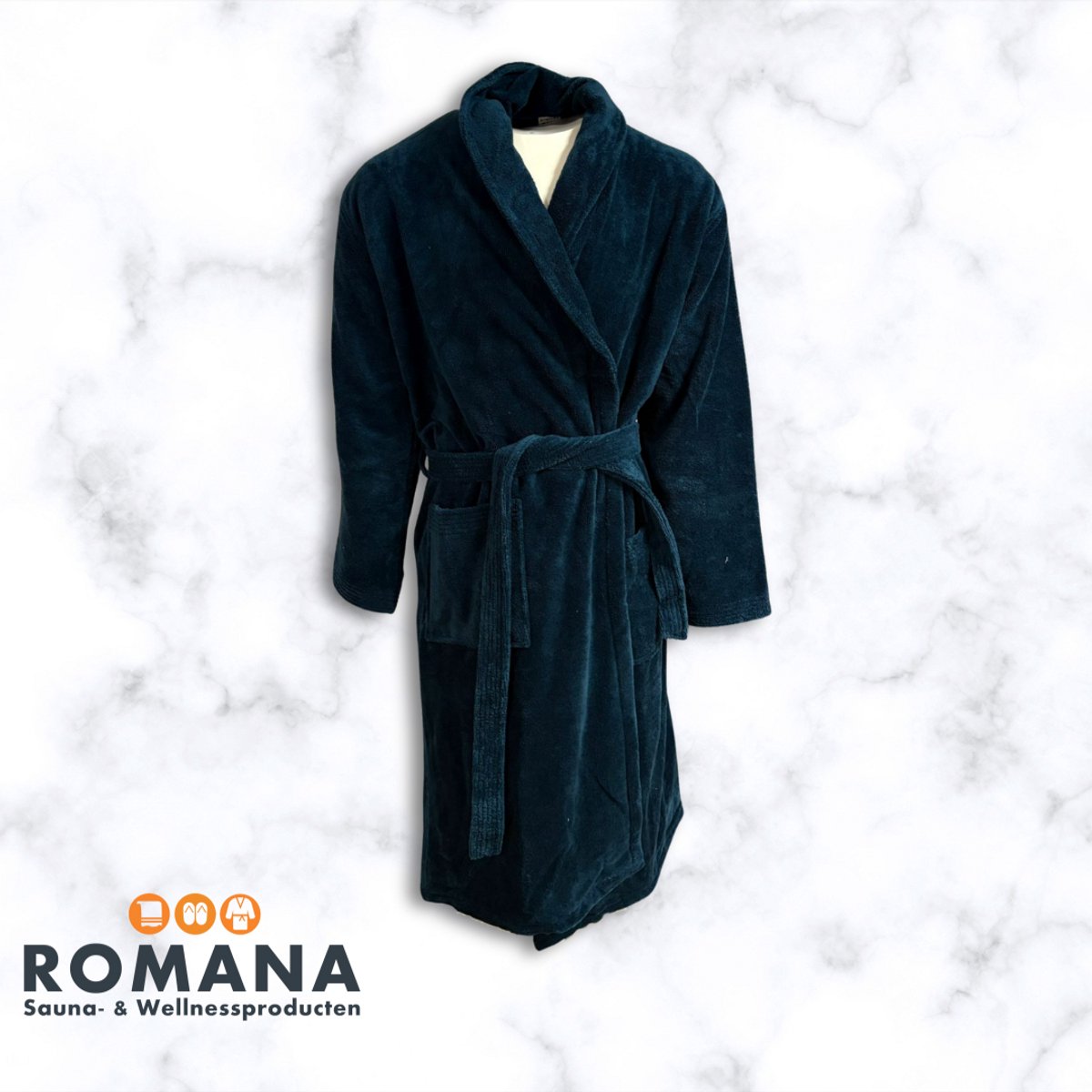 Romana Products - Badjas - Velvet Donkerblauw - Maat S - Hoogwaardige kwaliteit - Zeer luxe - Ochtendjas - Luxe Badstof van Katoen en Polyester - Heerlijk warm - Super zacht fleece - Binnenzijde katoen - voor sauna en thuisgebruik