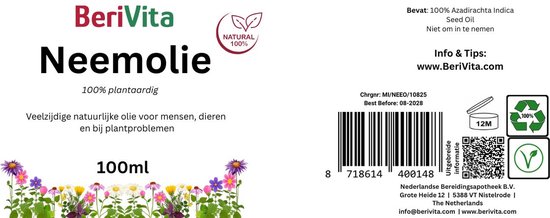 Label van BeriVita Neemolie. "100% plantaardig", "Veelzijdige natuurlijke olie". Barcode en "Best Before 08-2028".
