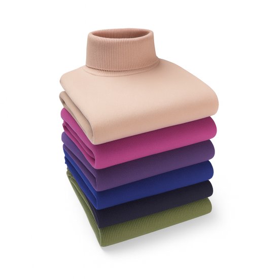 Stapel coltruien in verschillende kleuren: crème, fuchsia, paars, kobaltblauw, marine en legergroen.