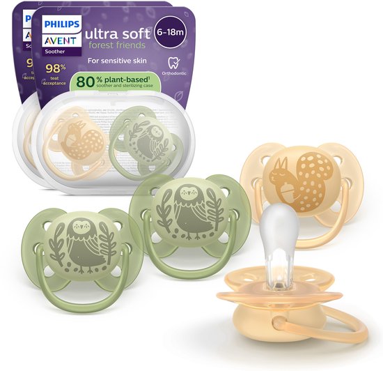 Ensemble de quatre sucettes Philips Avent Ultra Soft avec imprimé animaux de la forêt et étui de transport.