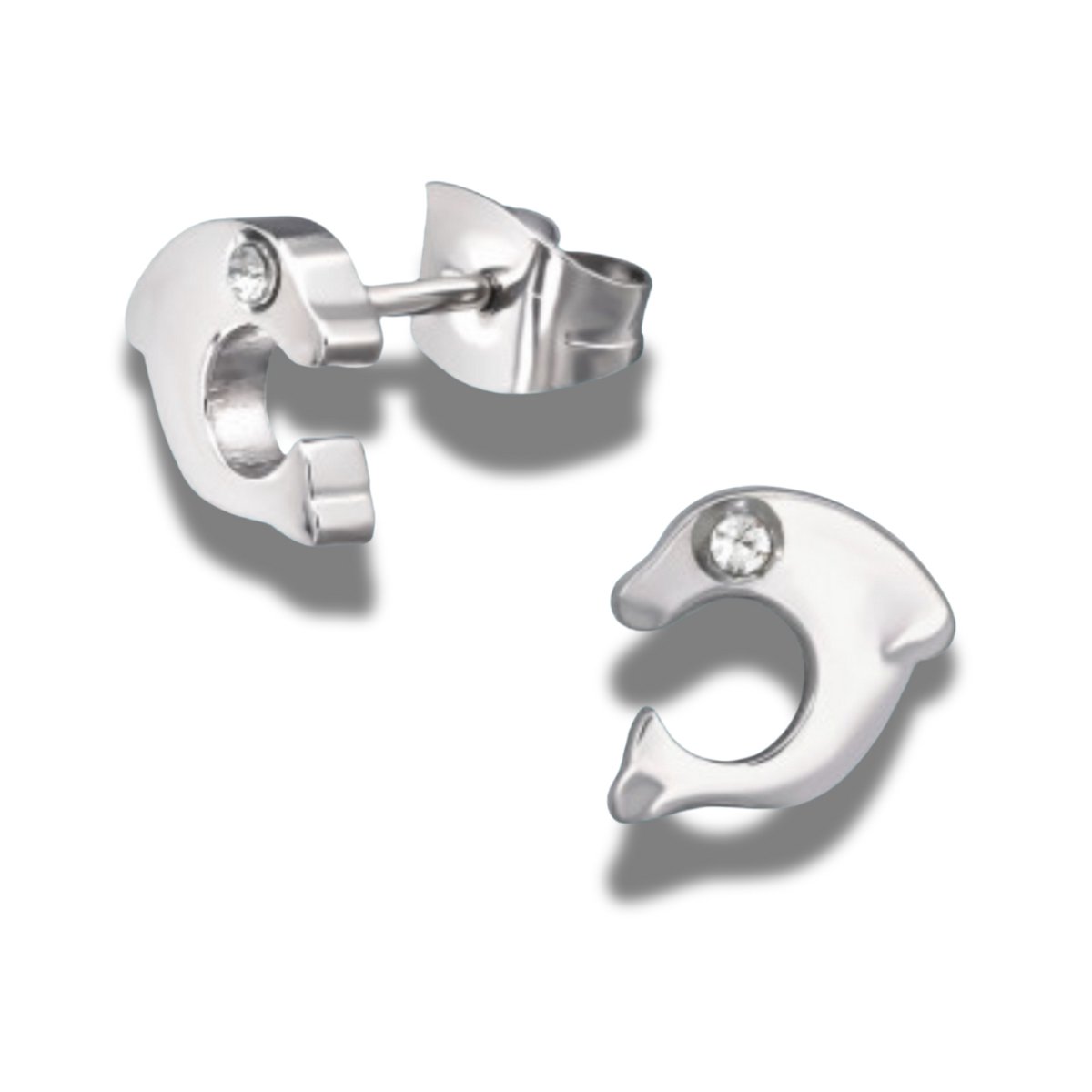 Oorbellen - oorstekers - dolfijn - zilverkleurig - steel - edel staal - dieren - animals - dolphin - met zirkonia oogje - hypoallergeen