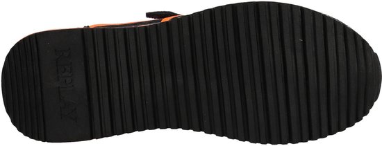 Zool van een blauwe sneaker met oranje en zwarte accenten en Replay logo.