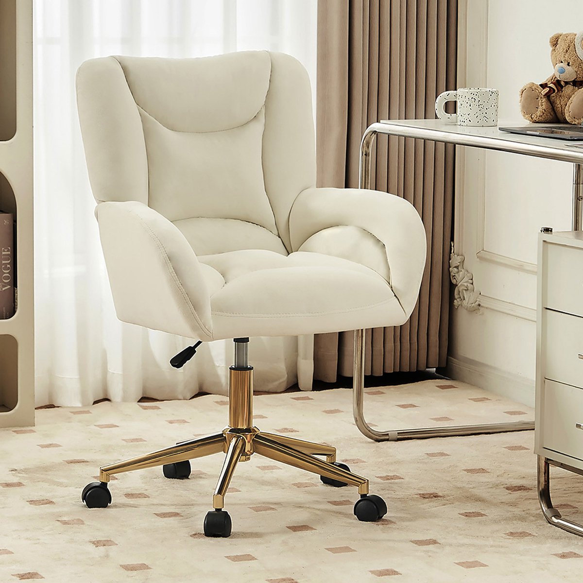 Pugsdrly Full KD Velvet Stoffen materiaal In hoogte verstelbare draaibare fauteuil voor thuiskantoor, voor binnengebruik, met gouden poten, ivoor