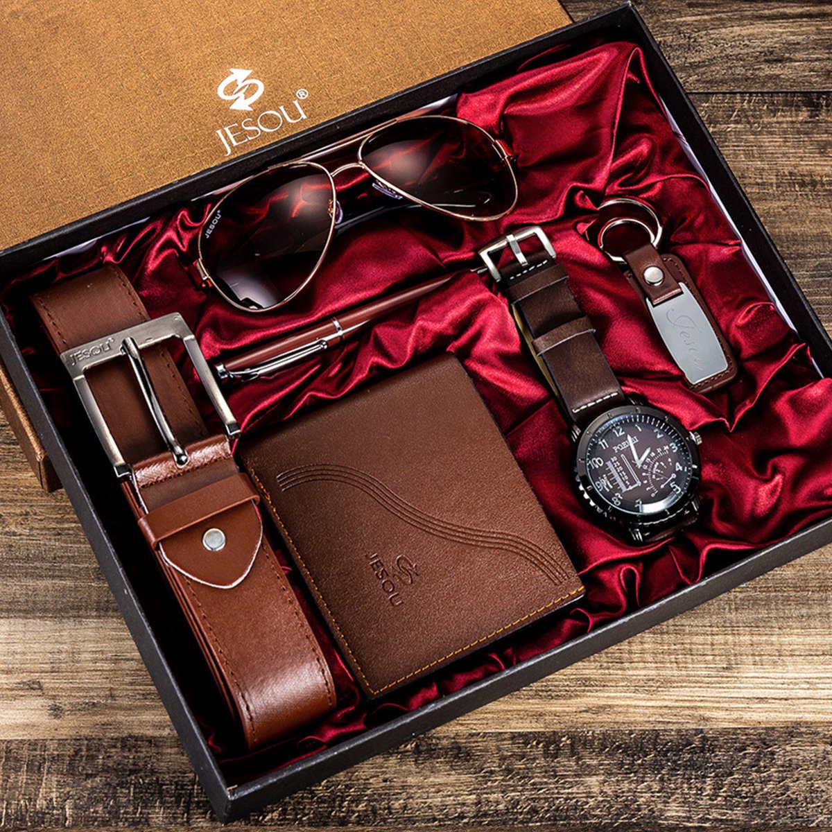 IBETTERTEC - Portemonnee 6-delig Cadeauset voor Mannen - Riemenset - Verjaardagscadeau - Quartshorloge - Bril - Sleutelhanger - Balpen - Herencadeaudoos met Leren Riem - Portemonnee - Kerstcadeau - Kerstmis - Nieuwjaar en Valentijnsdag Cadeaus