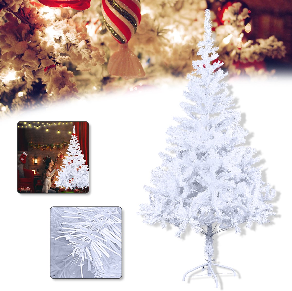 Aufun 180 cm Kunstkerstboom PVC, Edelspar Snel Op Te Bouwen, Brandvertragend, incl. Kerstboomstandaard, Wit