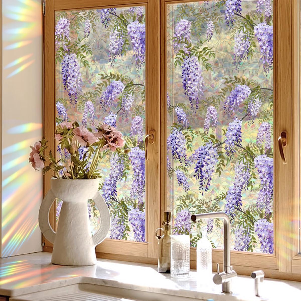 Raamfolies, Privacyfolie raam regenboog bloemmotief, Statisch hechtende raamsticker 3D decoratie, Glazen raamfolie paarse bloemen, Raamdecoratie 40 x 200 cm, Regenboograam klampt zich vast - Cyslmuk®
