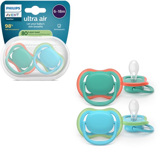 Sucettes Philips Avent Ultra Air dans leur emballage et séparément. Deux lots: pêche/turquoise et vert clair/bleu clair. Convient aux 6-18 mois.