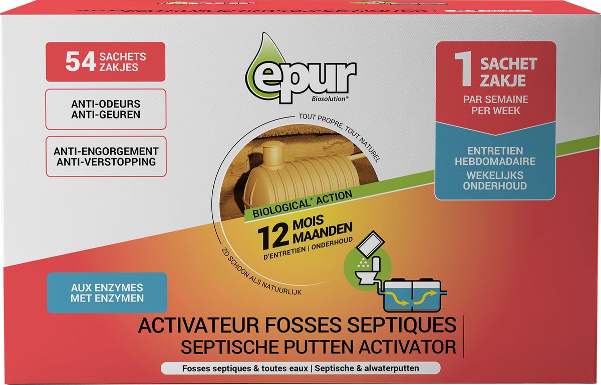 Epur Biosolution — Septische Putten Activator — 12 Maanden — 54 zakjes × 25 g — Beerput, Vetbak & Zinkput